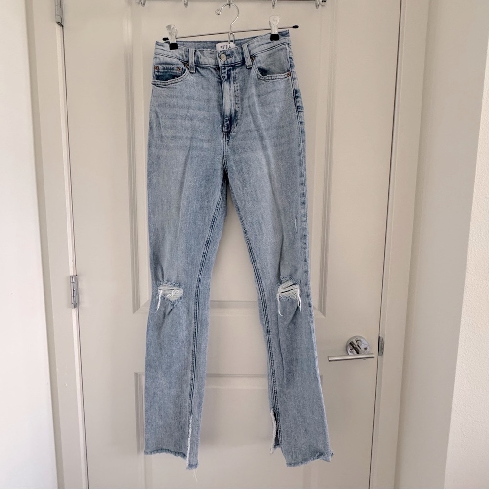 PISTOLA split flare hem high rise denim